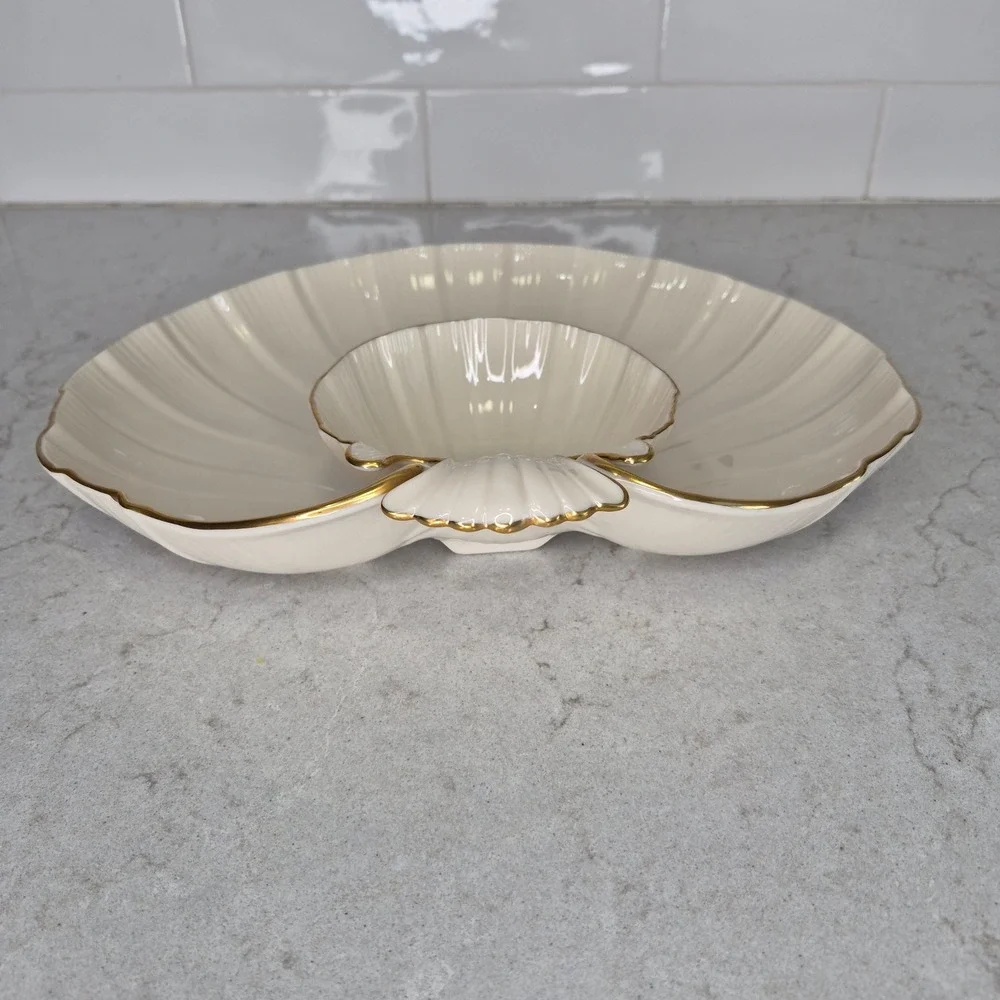 Lenox Chip And Dip Server Shell Scalloped Gold Trim Cream Unisex